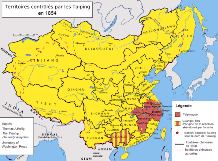 Greatest extent (maroon) of the Taiping Heavenly Kingdom.Photo: Zolo CC BY-SA 3.0