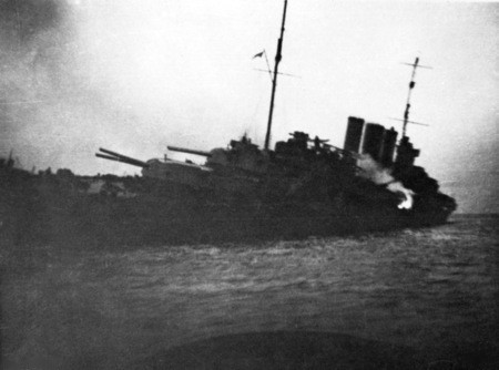 The Australian heavy cruiser HMAS Canberra (D33) sinking following the Battle of Savo Island in the Solomons.