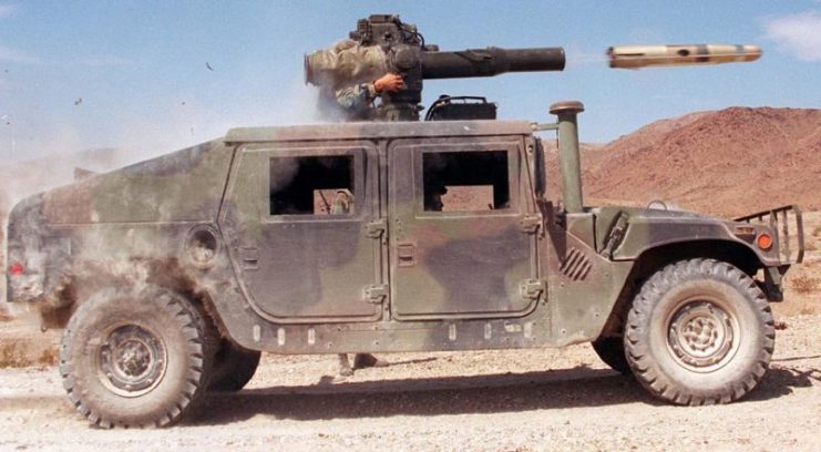 A U.S. Army HMMWV firing a BGM-71 TOW missile.