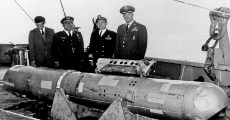 Recovered B28RI nuclear bomb from midair collision between a nuclear-armed B-52G bomber and a KC-135 refueling tanker.