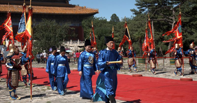 Imitation of a medieval sacrifice ritual in Changping at the Ming tombs with people wearing medieval costumes.