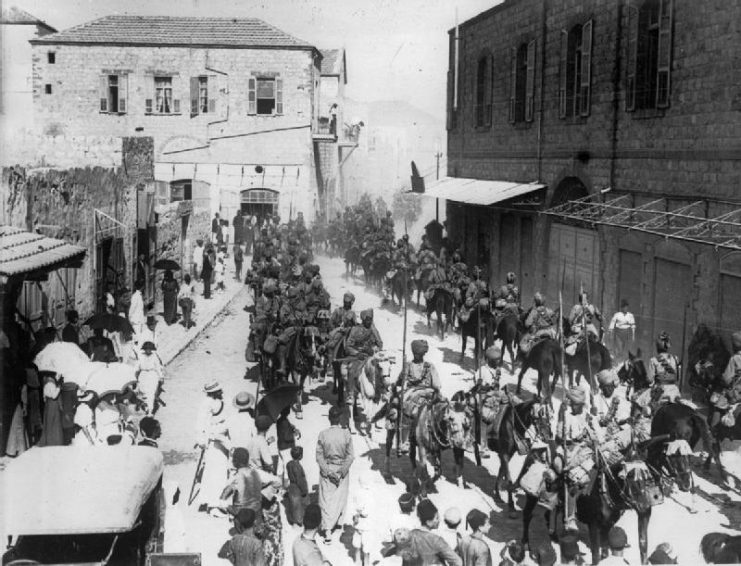 Indian Jodhpur lancers marching through Haifa after it was captured