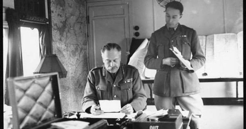 Field Marshal (Earl) Haig (1861-1928) and Sir Philip Sassoon (1888-1939) in Haig's office on a train, probably in France.