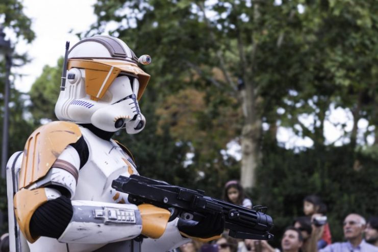 A stormtrooper marches during the Training Day VI – 501st Spanish Garrison in Madrid, a yearly parade organized by an altruistic group in Spain.