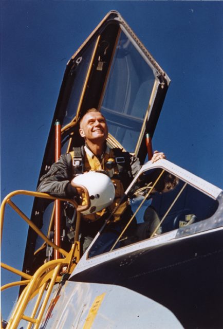 John Glenn sitting in the cockpit of a jet aircraft at the U.S. Navy Test Station at Patuxent River, Maryland, 1954.