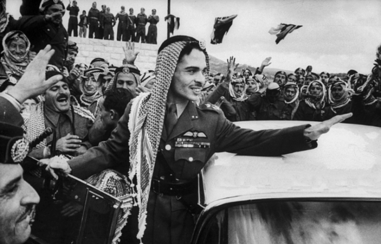 Hussein receiving a warm welcome from his troops, 1 March 1957