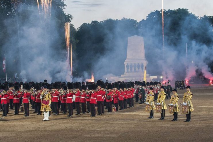 The Massed Bands of the Household Division perform in the fireworks finale at Beating Retreat 2013