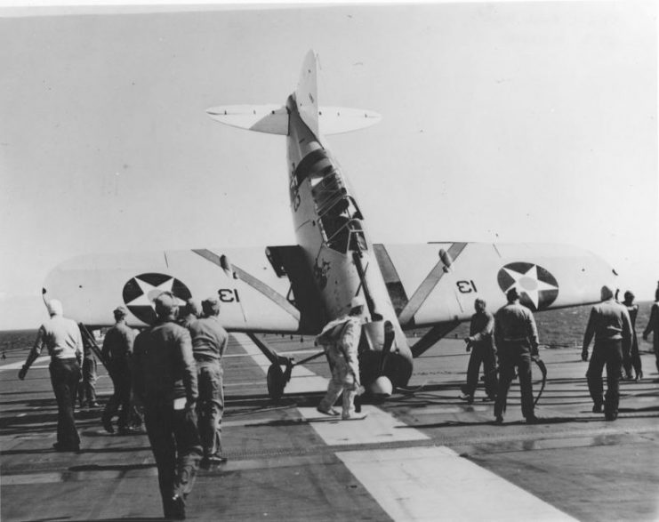 LT John S. Thach tipped this F2A-1 onto its nose on Saratoga, March 1940.