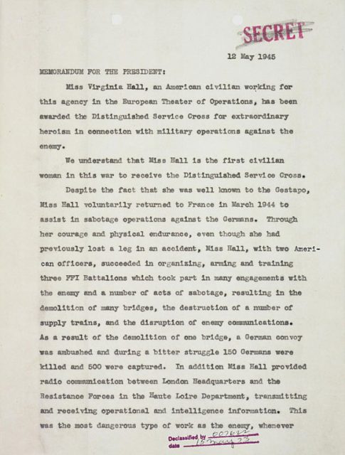 Memorandum for the President from William J. Donovan Regarding Distinguished Service Cross (DSC) Award to Virginia Hall, 05/12/1945