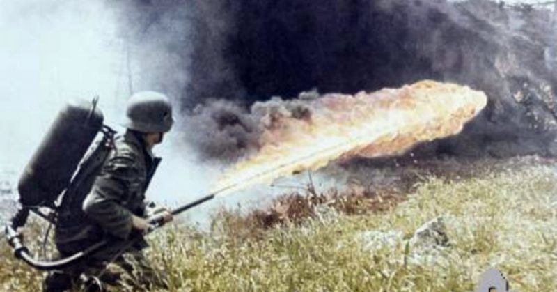 A German soldier using a flamethrower in Russia.