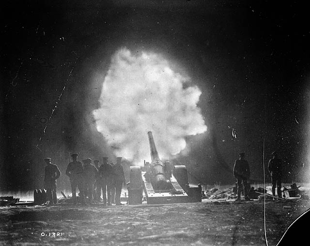 6-inch (150 mm) gun of the Royal Garrison Artillery firing over Vimy Ridge behind Canadian lines at night