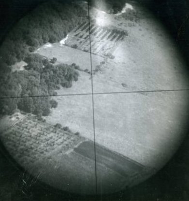 View of the English countryside through the lens of a Norden bombsight