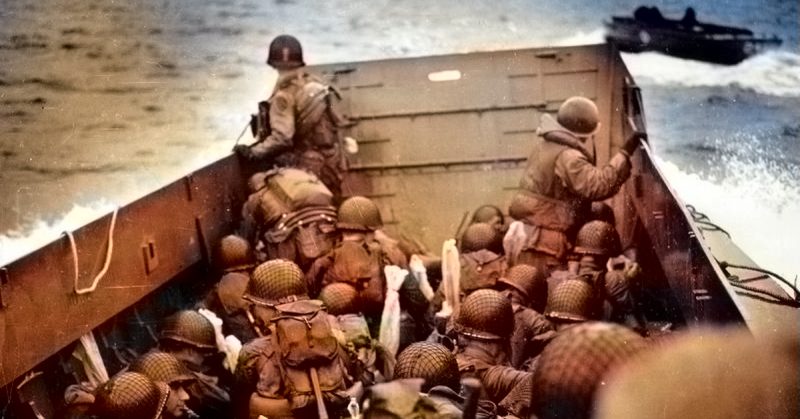 U.S. troops preparing to land on Omaha Beach. June of 1944