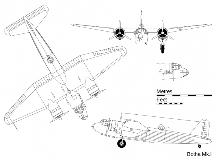 Orthographic projection of the Botha, with inset detail showing the asymmetrical nose glazing. Photo by Emoscopes CC BY-SA 4.0