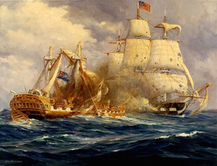 Painting by Anton Otto Fischer depicting the first victory at sea by USS Constitution over HMS Guerriere