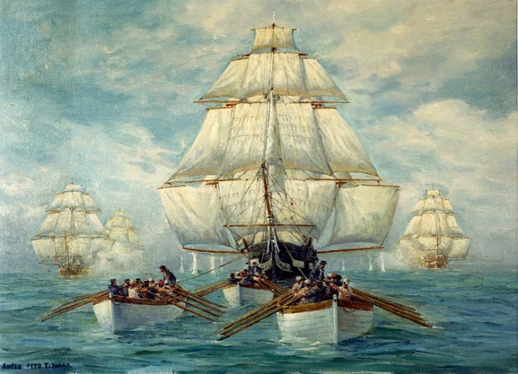 Painting depicting the boats of USS Constitution towing her in a calm, while she was being pursued by a squadron of British warships, 18 July 1812.