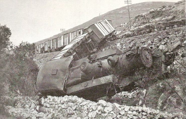 Railways. steam locomotive and freight train after being sabotaged