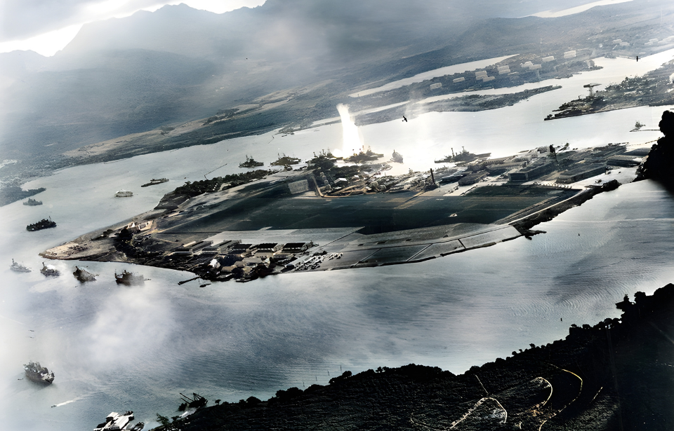 Aerial view of Pearl Harbor during the Japanese attack