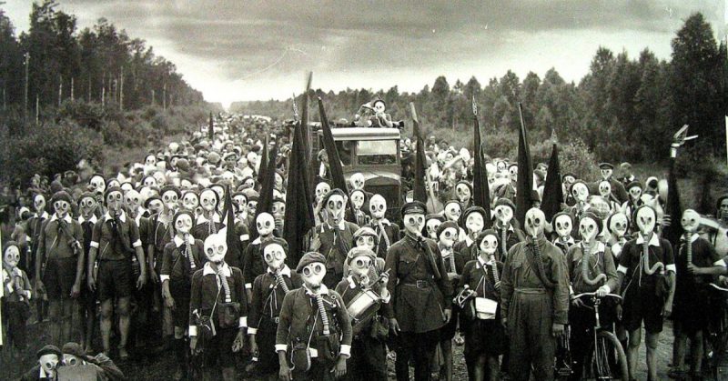 Pioneers in gas masks. USSR, 1937