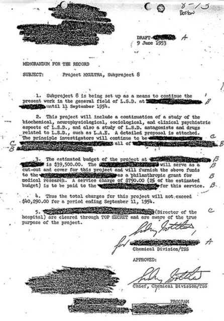 Declassified document about Project MKUltra, with some sentences redacted