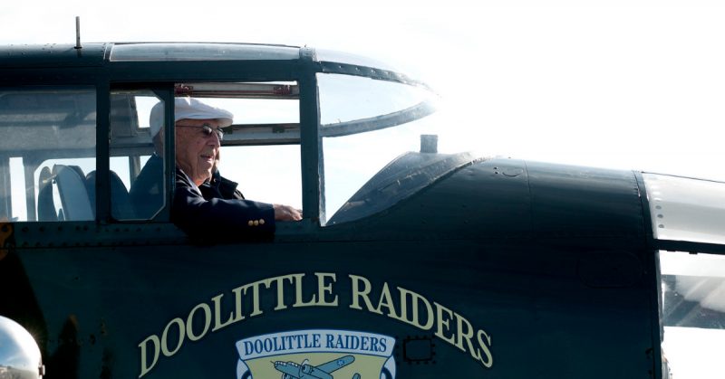 Lt. Col. Dick Cole, a Doolittle Raider, smiles while looking out of a B-25 aircraft April 20, 2013, on the Destin Airport, Fla. The B-25 is the aircraft he co-piloted during the Doolittle Raid.

U.S. Air Force photo // Staff Sgt. David Salanitri
