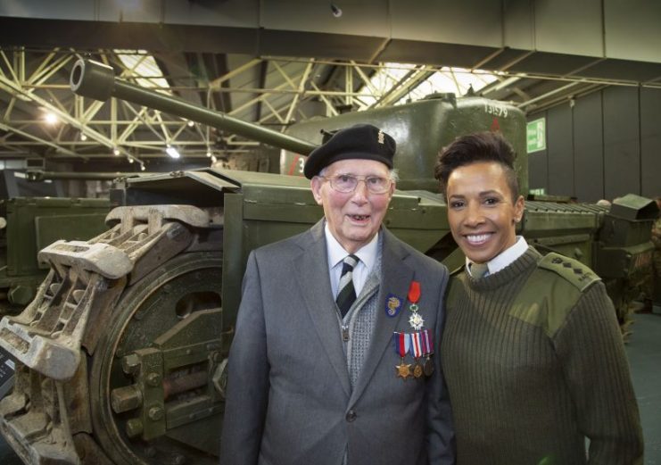 Colonel Dame Kelly Holmes with D-Day veteran Laurie Burn, 13th/18th Royal Hussars; a gunner
