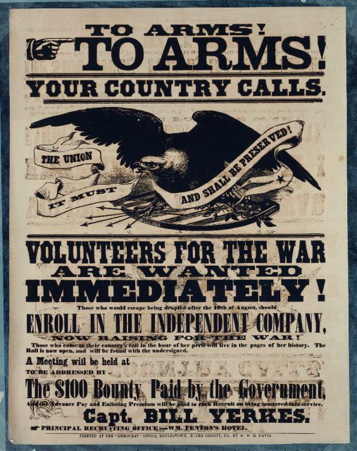 Recruiting poster for the 179th Pennsylvania Infantry Regiment, commanding officer, Capt. Bill Yerkes.
