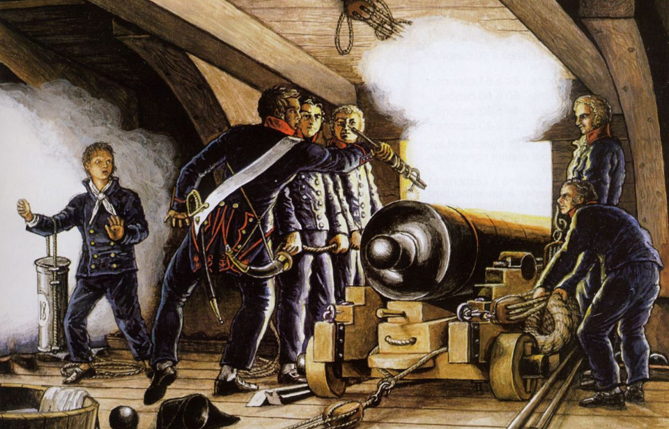 British Royal Navy sailors firing a cannon
