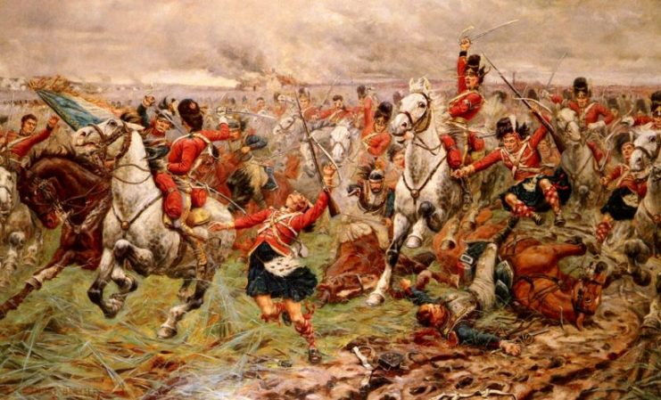 The Eagle of the French 45th Ligne captured by the Royal Scots Greys. Painting by Stanley Berkeley depicting the famous charge of the Scots Greys at Waterloo.