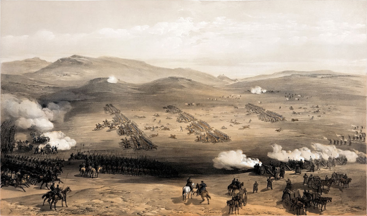 The Charge of the Light Brigade at Balaklava by William Simpson (1855), illustrating the Light Brigade’s charge into the “Valley of Death” from the Russian perspective.