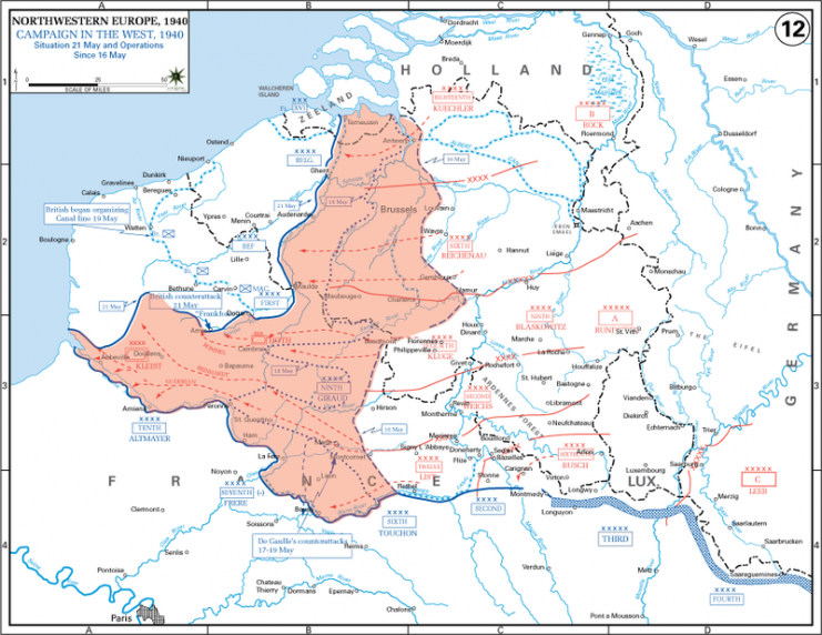 Situation on May 21, 1940. German forces occupy the peach-shaded area.