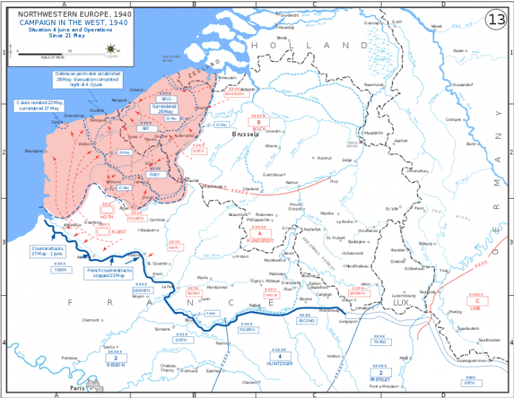 Situation on June 4, 1940. The remaining French army rearguard held onto a sliver of land around Dunkirk.