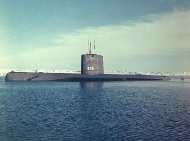 USS Skate (SSN-578) with an ice pack behind her