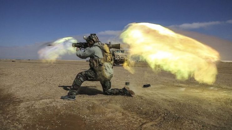 Soldier fires a Carl Gustaf.