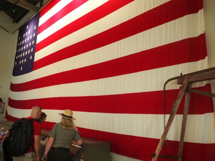 The replica of the flag that flew on the day The Civil War started; the original is in storage below. Fort Sumter, Charleston, South Carolina, USA.
