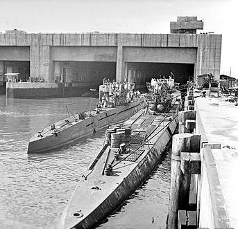 Surrendered German U-boats moored outside the Dora 1 bunker in Trondheim, Norway, May 1945