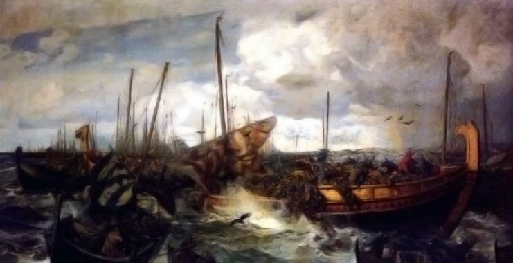 The Battle of Svolder, at which the Jomsvikings fought with Denmark and Sweden against Norway, maybe with a swap of allegiance to side with Forkbeard’s advantage, of his 400 ships to Tryggvason’s 100. (Otto Sinding painter).