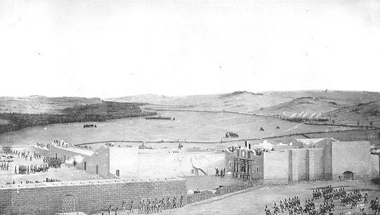 The Fall of the Alamo, painted by Theodore Gentilz in 1844, depicts the Alamo complex from the south. The Low Barracks, the chapel, and the wooden palisade connecting them are in the foreground.