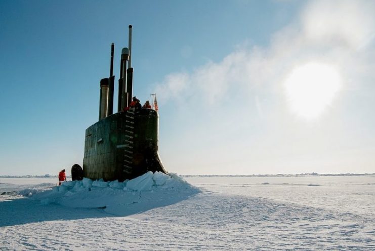 The Seawolf-class fast-attack submarine USS Connecticut (SSN 22) surfaces through the ice as it participates in Ice Exercise (ICEX) 2018.