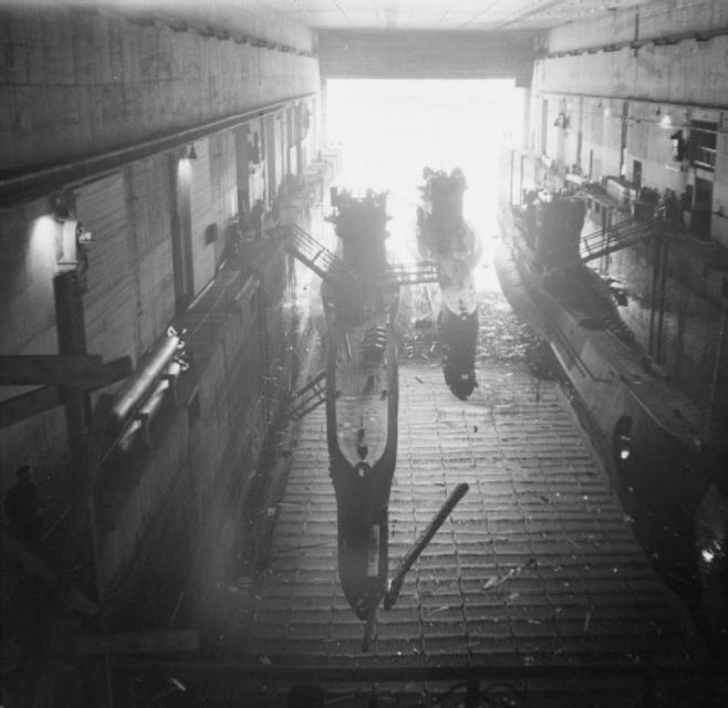 Three U-boats in a submarine pen at Trondheim, 19 May 1945.