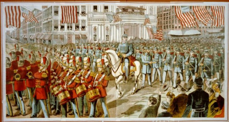 Union soldiers and band marching through a city street on their way to join the Civil War
