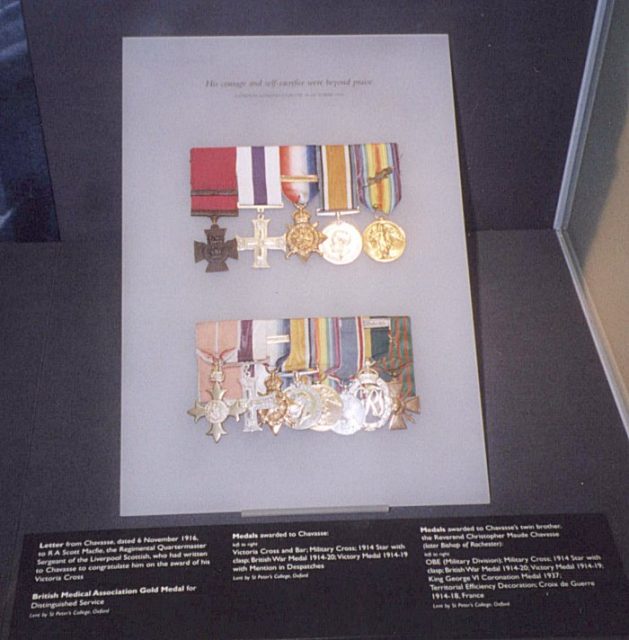Medals of Noel and Christopher Chavasse. Noel’s medals are top row, and his brother, Christopher’s medals are bottom row.