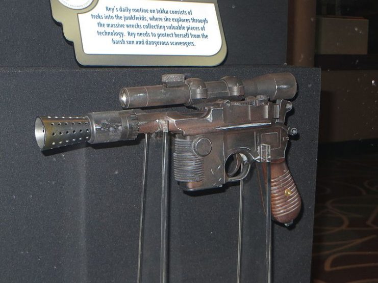 Han Solo’s BlasTech DL-44 heavy blaster pistol on display at Walt Disney: One Man’s Dream at Disney’s Hollywood Studios.Photo: Quarax CC BY-SA 4.0