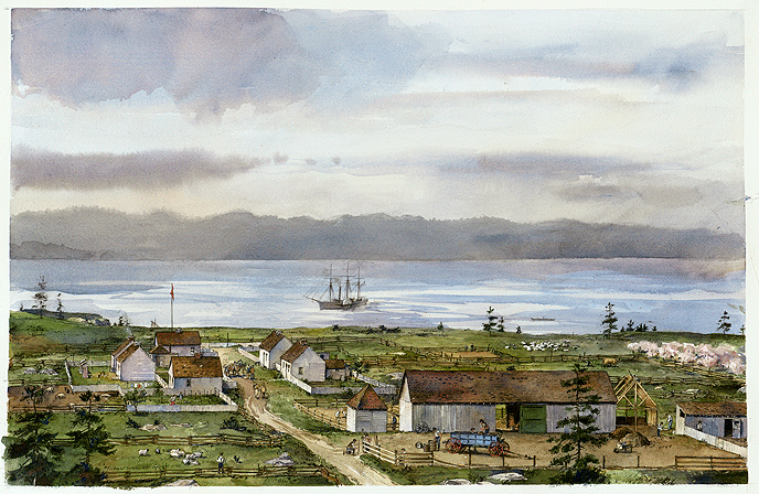 Watercolor of Belle Vue sheep farm San Juan Island at time of Pig War