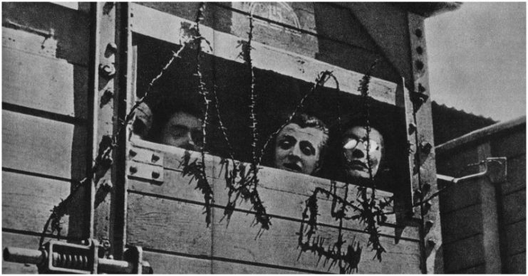 Jews in a railway car in the way to the Nazi death camp during the Second World War in Europe a the time of the Holocaust. Place and date unknown.