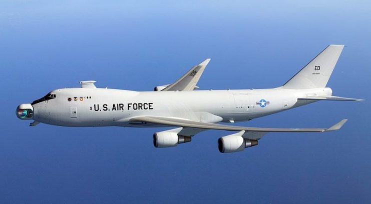 YAL-1A Airborne Laser in flight with the mirror unstowed.