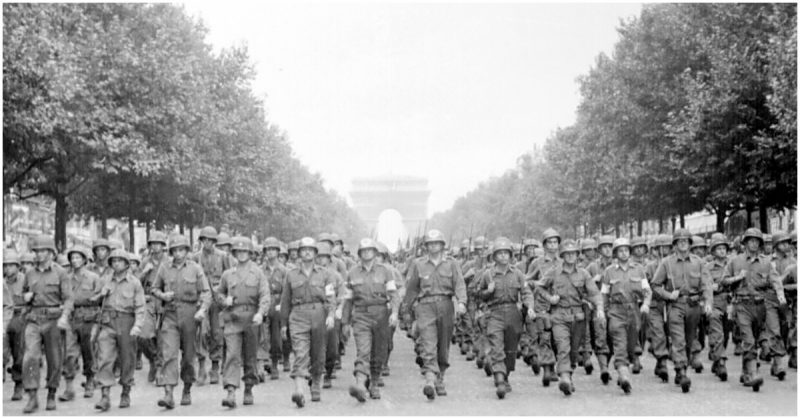 American troops parade the Avenue des Champs-Élysées, after the Liberation of Paris in August 1944