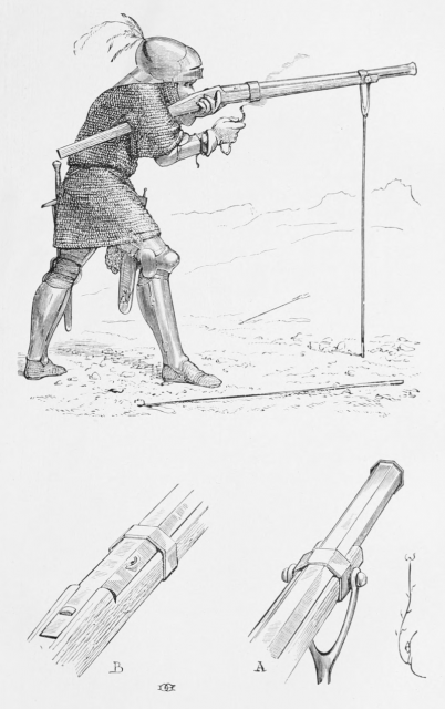 Depiction of an arquebus fired from a fork rest. Image produced in 1876