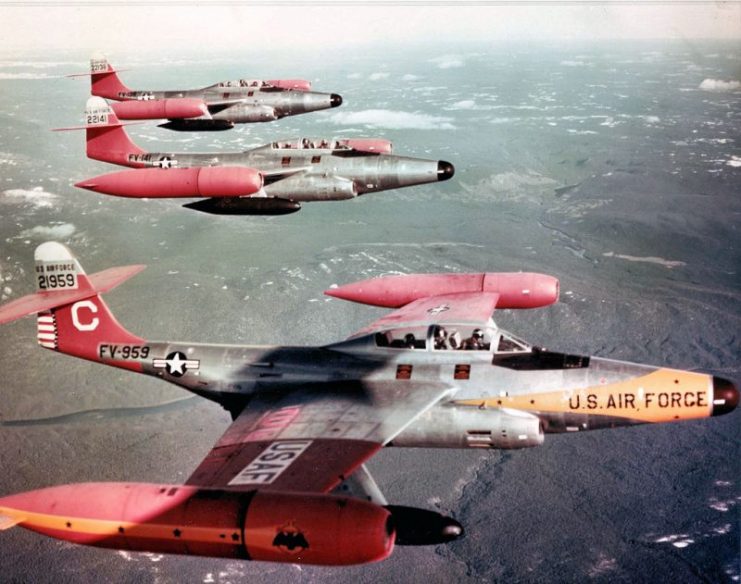 U.S. Air Force Northrop F-89D-45-NO Scorpion interceptors of the 59th Fighter-Interceptor Squadrons, Goose Bay AB, Labrador (Canada), in the 1950s. 52-1959 in the foreground, now in storage at Edwards AFB, California