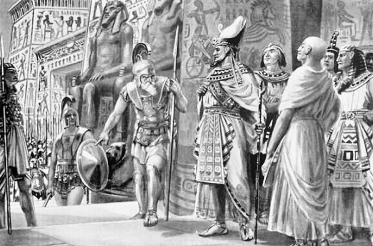 Chabrias (left) with Spartan king Agesilaus (center), in the service of Egyptian king Nectanebo I and his regent Teos, Egypt 361 BCE.